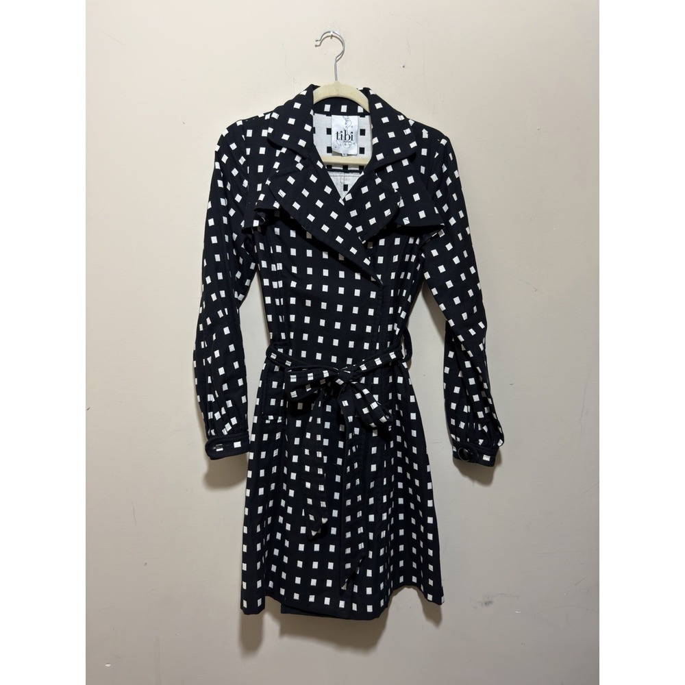 Tibi Black And White Grid Print Trench Ciat Size 6 SMALL FLAW